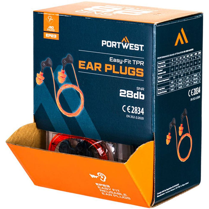Portwest EP23 Easy Fit TPR Corded Ear Plugs in Storage Container (50 Pairs) - SNR 28dB