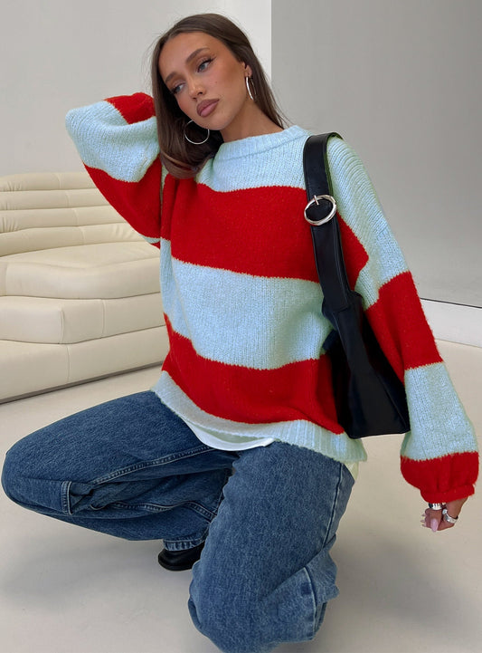 Bastien Crew Neck Knit Sweater Blue / Red