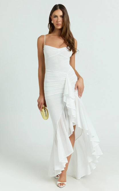 Brionna Midi Dress - Lace Neck Ruched Ruffle Hem Dress in White