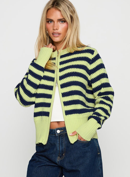 Best Time Knit Cardigan Green Stripe