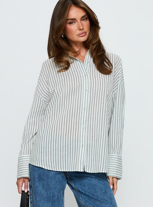 Alexi Long Sleeve Button Down Top Blue / Brown Stripe