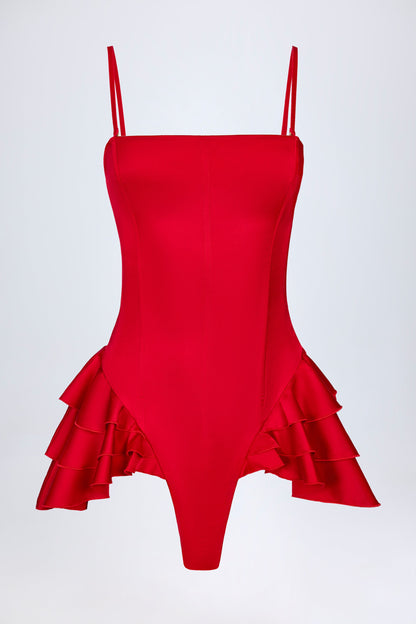 Ruffled Lace-Up Corset Playsuit in Fire Red