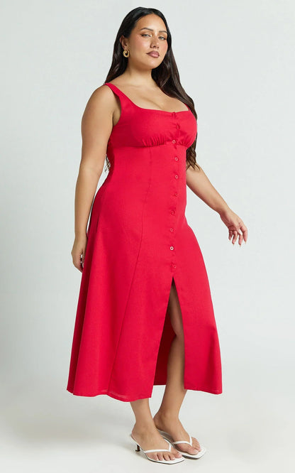 Cameron Midi Dress - Button Front Tie Back Dress in Red