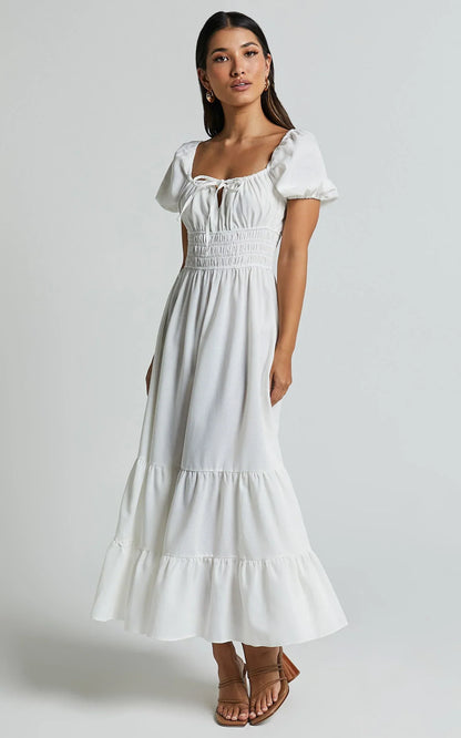 Claritza Midi Dress - Linen Look Short Puff Sleeve Square Neck Tiered Dress in White