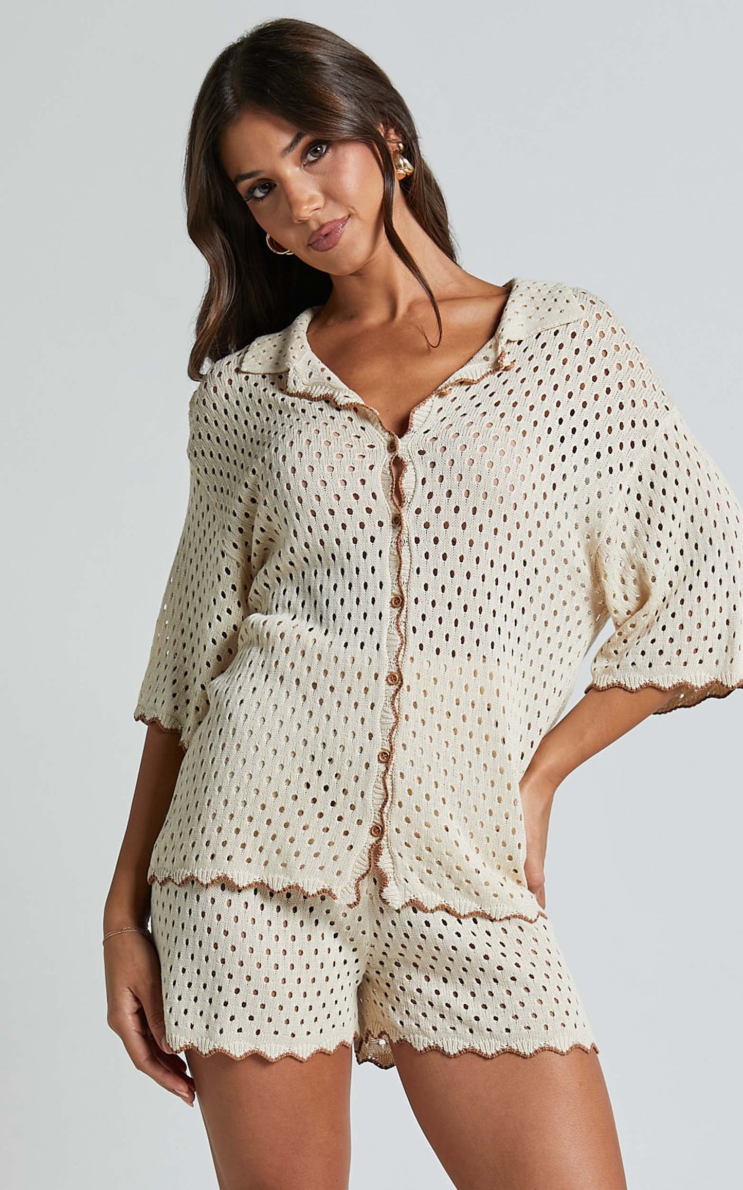 Caja Short - Wavy Hem Detail Knit Shorts in Nutmeg/Shell