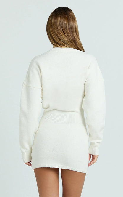 Demelza Mini Dress - Knit Button Down Blouson Cardigan Mini Dress in Cream