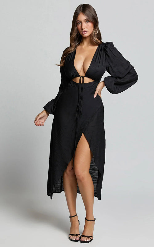 Demieh Midi Dress - Front Cut Out Long Sleeve Dress in Black