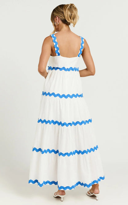 Brenda Midi Dress - Sleeveless Straight Neck Wave Detail A Line Dress in White