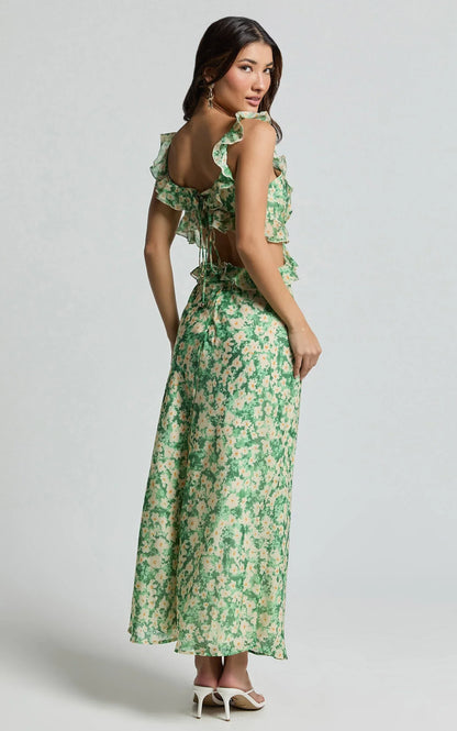 Dahlia Midi Dress - Ruffle Details Slip Dress in Green Floral