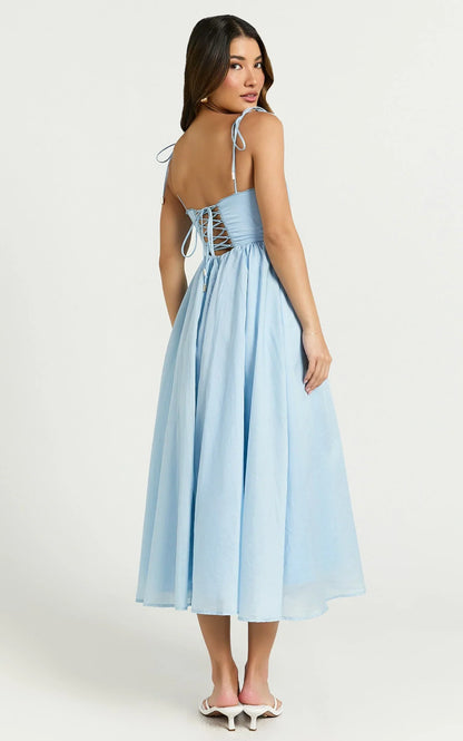 Dolores Midi Dress - Strappy Ruched Bust Corset Waist Dress in Blue