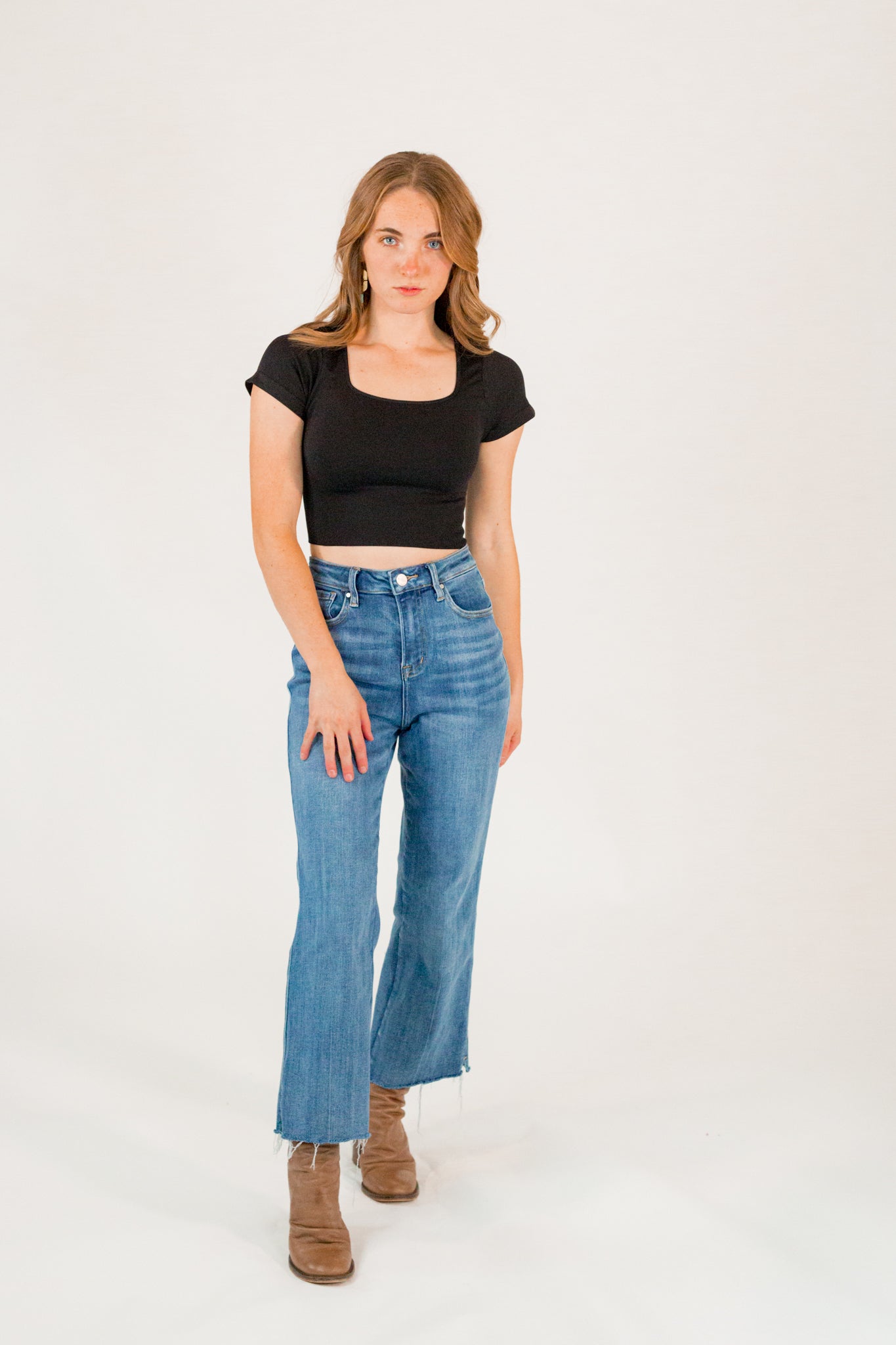 Square Neck Cropped Seamless Tee・Black