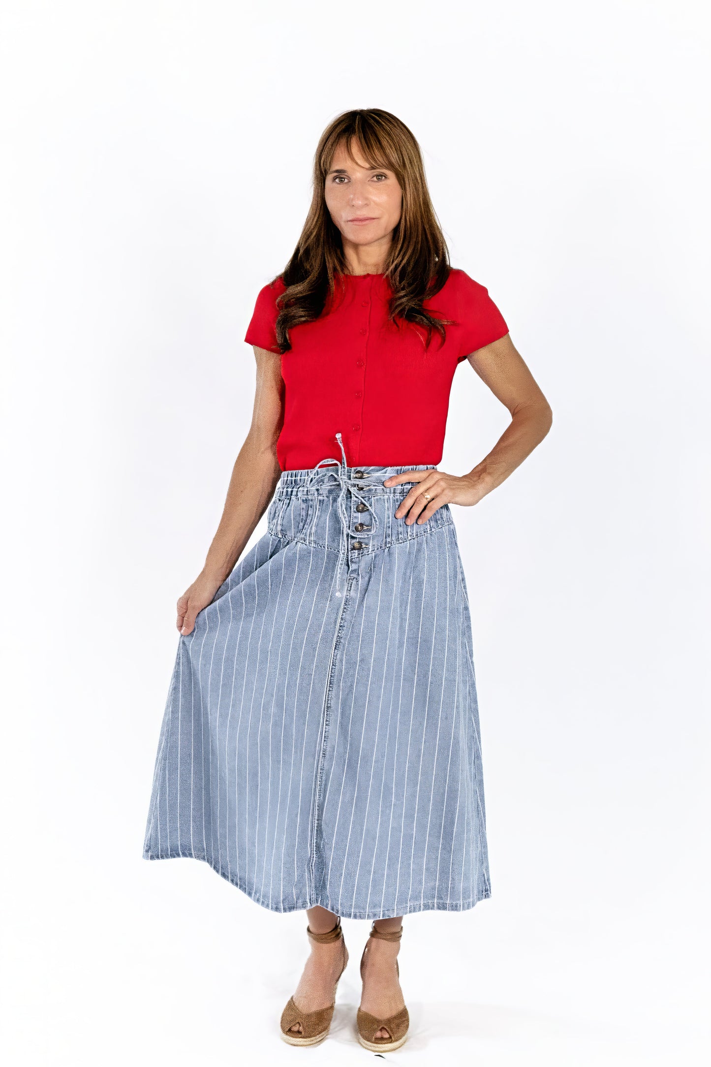 Jia Striped Denim Midi Skirt