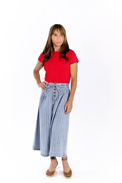 Jia Striped Denim Midi Skirt
