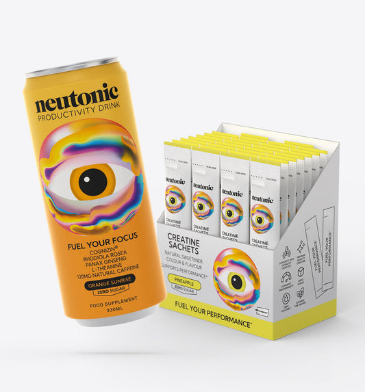 Yellow can of Neutonic nootropic productivity drink with eye logo beside white box of Creatine Sachets with matching eye. - Neutonic - All-Day Energy Bundle