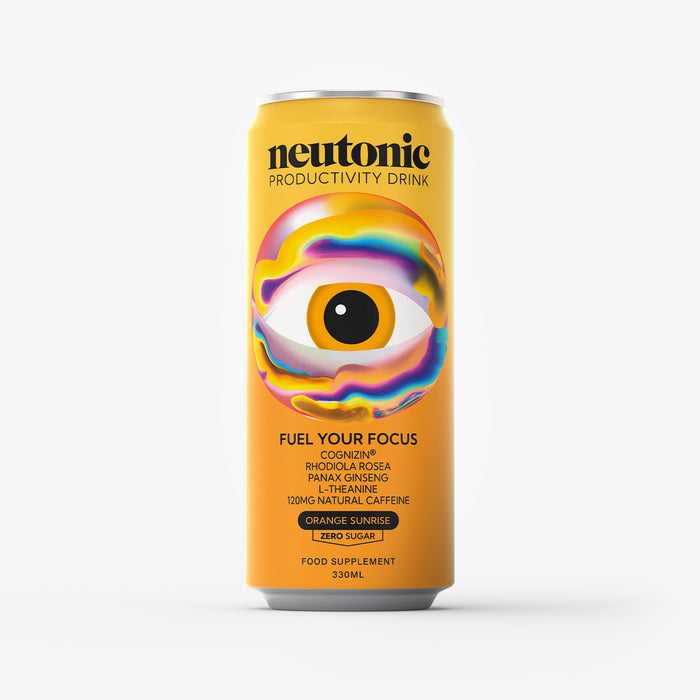 Yellow neutonic nootropics energy drink can with a colorful eye design and black text. - Neutonic - All-Day Energy Bundle