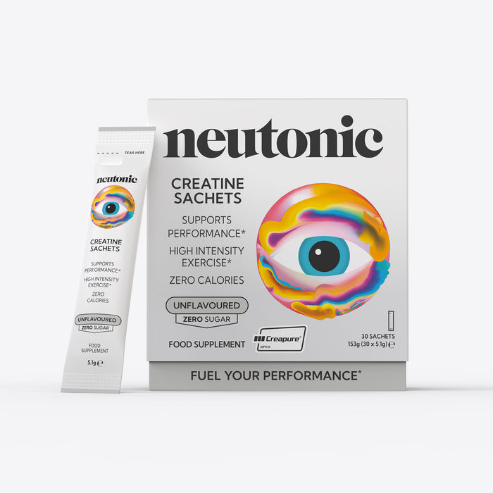 Neutonic creatine sachets box with colorful eye graphic, caffeine-free nootropics supplement. - Neutonic - Caffeine-Free All-Day Energy Bundle