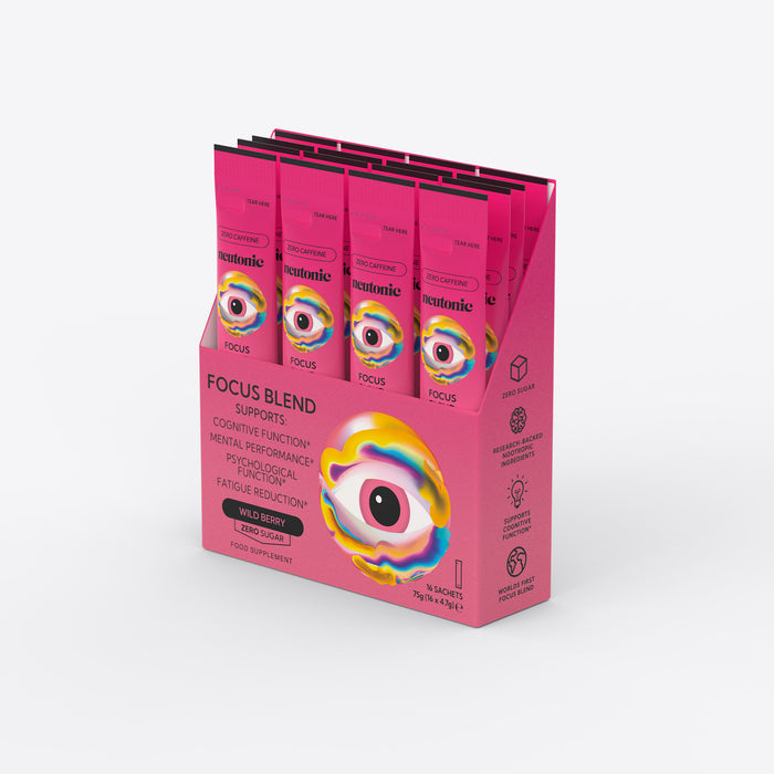 Bright pink box of Focus Blend caffeine-free nootropics sticks with colorful eye design and product details on side. - Neutonic - Caffeine-Free All-Day Energy Bundle