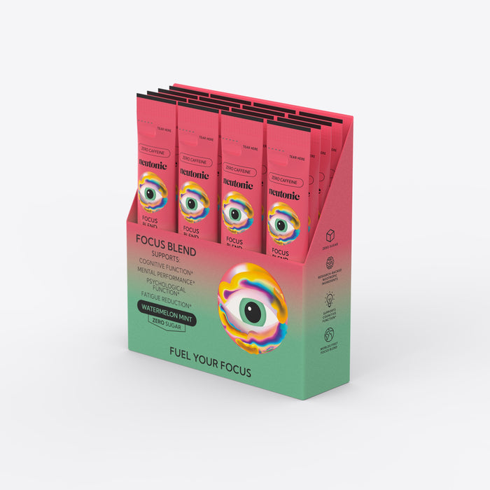 Rectangular box holding five red and teal packets of Focus Blend nootropic supplements with a colorful eye logo on the front. - Neutonic - Focus Blend Team Bundle