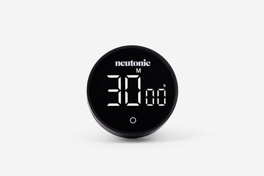 Round black digital focus timer displaying 30 minutes with nootropics branding on top. - Neutonic - Focus Timer