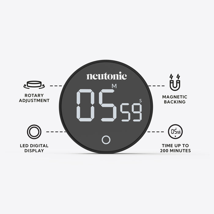 Round black digital timer with LED display showing 5 minutes 58 seconds, magnetic backing, and rotary adjustment for. - Neutonic - Focus Timer