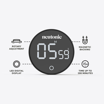 Round black digital timer with LED display showing 5 minutes 58 seconds, magnetic backing, and rotary adjustment for. - Neutonic - Focus Timer