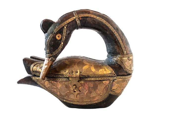 Folk Art Hand Carved Swan Bird Trinket Box Brass And Copper Embellished