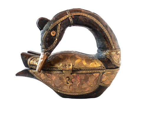 Folk Art Hand Carved Swan Bird Trinket Box Brass And Copper Embellished