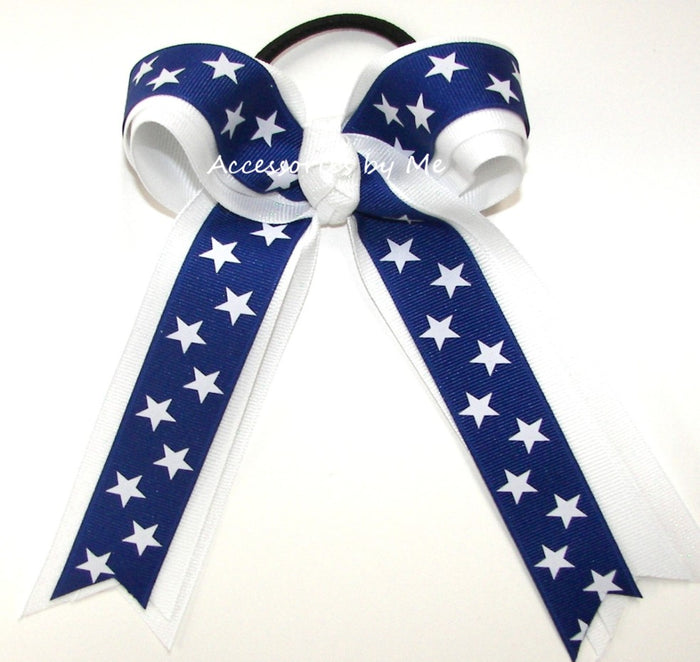 Royal Blue Stars White and White Glitter Ribbon Ponytail Bow