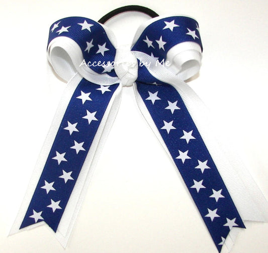 Royal Blue Stars White and White Glitter Ribbon Ponytail Bow