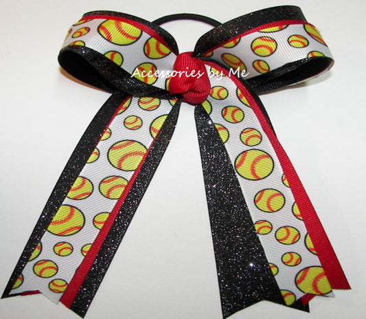 softball Red Black Glitter Ponytail Bow