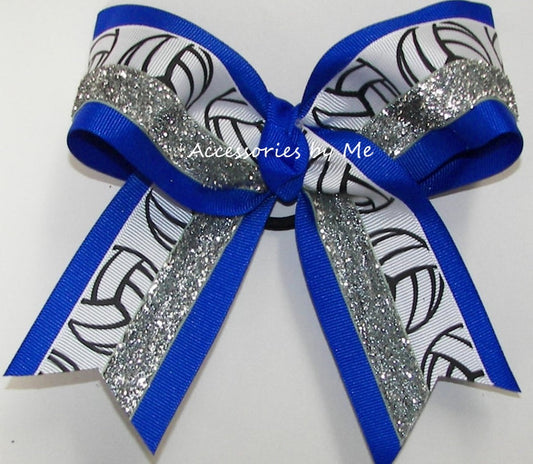 Volleyball Electric Blue Silver Glitter Hair Bow