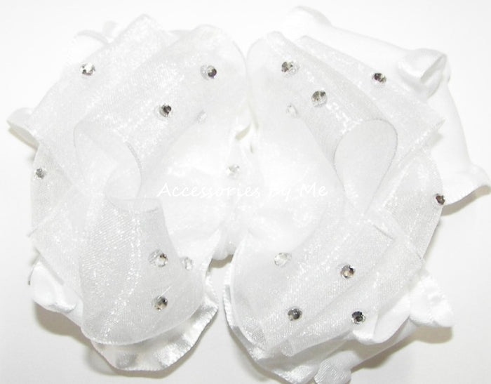 Glitzy White Organza Ruffle Hair Bow