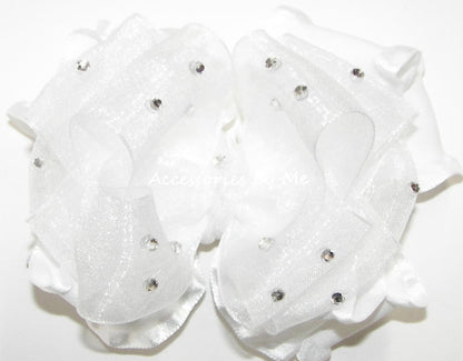 Glitzy White Organza Ruffle Hair Bow