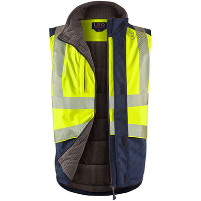 Leo Workwear Halsinger Yellow Performance+ EcoViz Fleece Lined Padded Hi Vis Bodywarmer