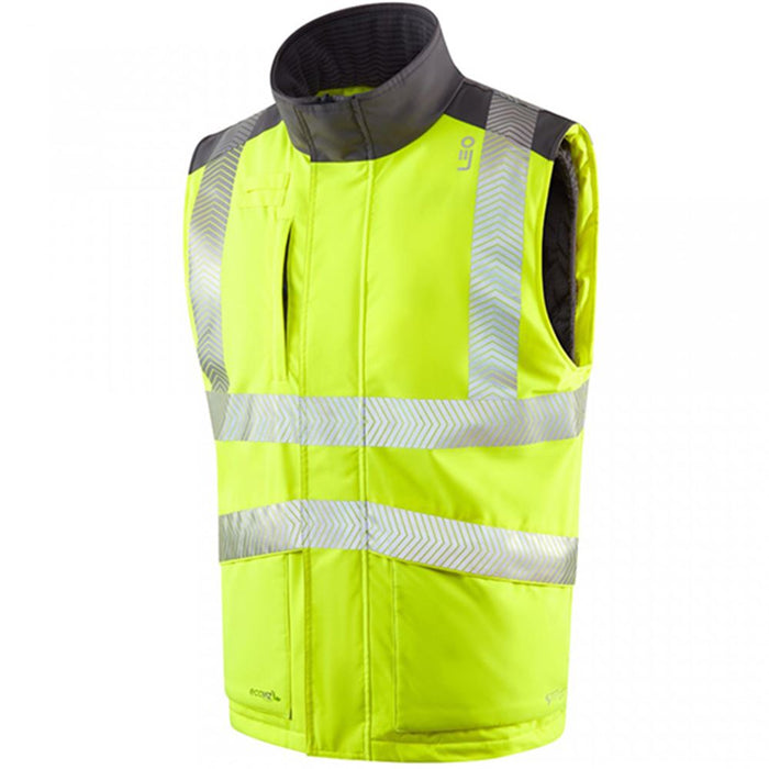 Leo Workwear Halsinger Yellow Performance+ EcoViz Fleece Lined Padded Hi Vis Bodywarmer