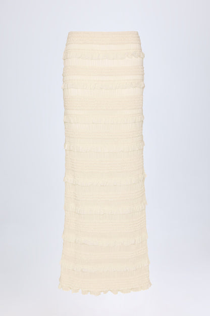 Ruffled Mid-Rise Maxi Skirt in Ivory