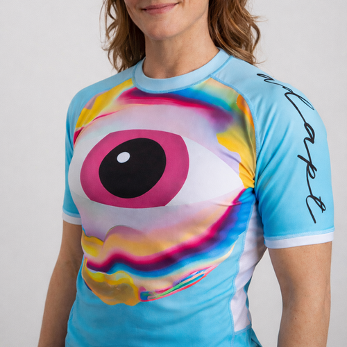 Women’s Neutonic rash vest with vibrant eye graphic and nootropics-themed design on light blue fabric. - Neutonic - Neutonic Rash Vest - Women