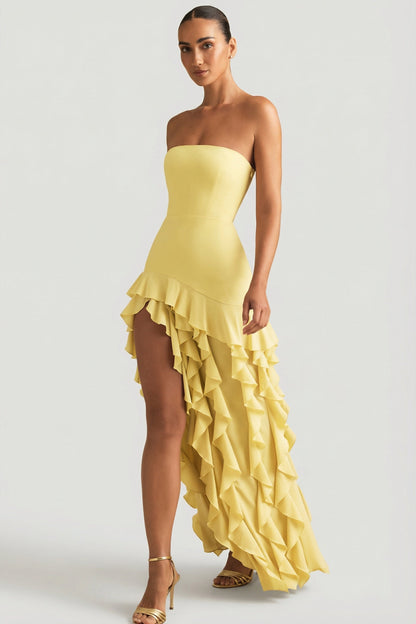 Ruffle-Trim Strapless Gown in Pastel Yellow