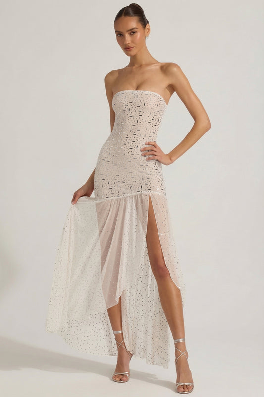 Semi-Sheer Embellished Asymmetric Maxi Dress in White