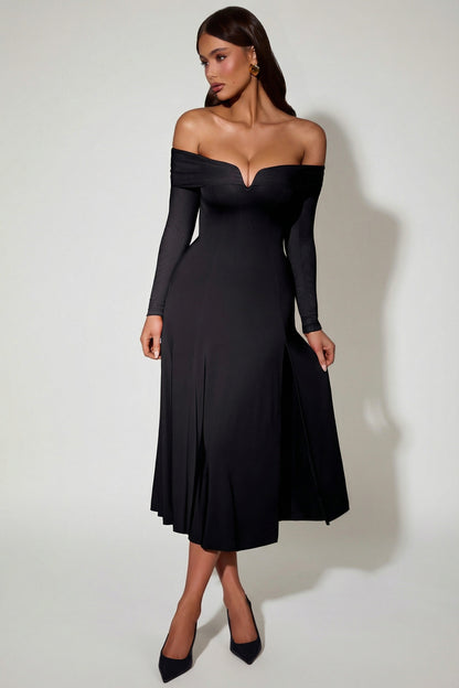 Off-Shoulder Lace-Up A-Line Midaxi Dress in Black