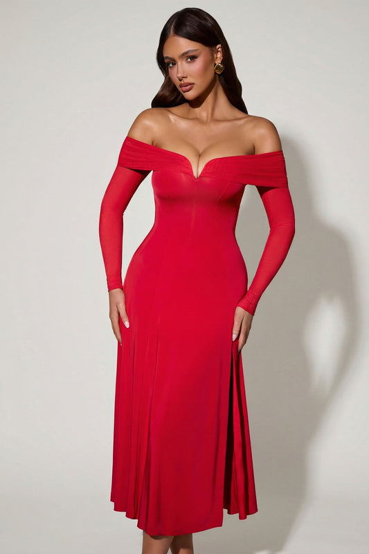 Off-Shoulder Lace-Up A-Line Midaxi Dress in Red