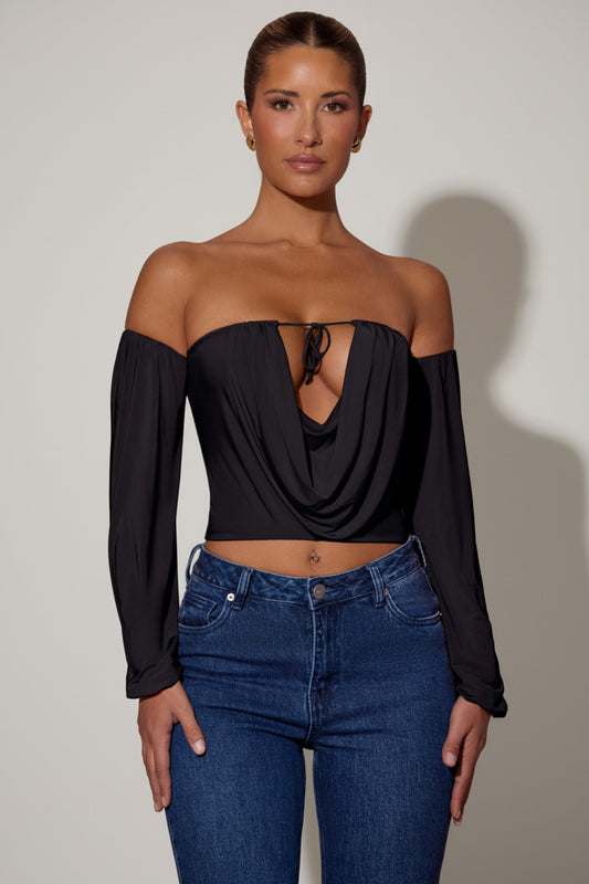 Off-Shoulder Draped Balloon-Sleeve Top in Black