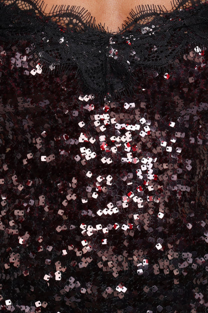Pixie Lace And Sequins Cami - Burgundy