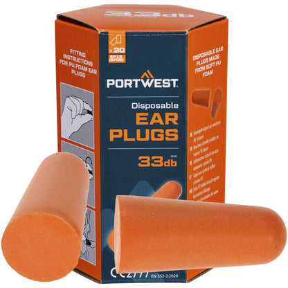 Portwest EP13 PU Foam Uncorded Ear Plugs (30 Pairs) - SNR 33dB