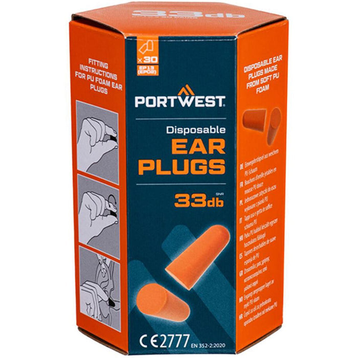 Portwest EP13 PU Foam Uncorded Ear Plugs (30 Pairs) - SNR 33dB
