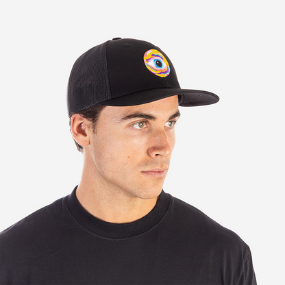 Black trucker cap with colorful eye design and nootropics text embroidered on front panel. - Neutonic - Trucker Cap - Eye