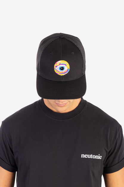 Black trucker cap with embroidered eye design and nootropics-themed style on front panel. - Neutonic - Trucker Cap - Eye