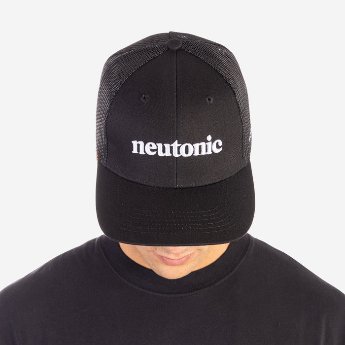 Black trucker cap with white "neutonic" logo embroidered, styled for nootropics fans. - Neutonic - Trucker Cap