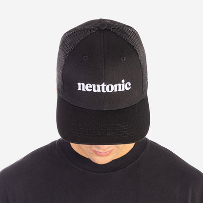 Black trucker cap with white "neutonic" logo embroidered, styled for nootropics fans. - Neutonic - Trucker Cap