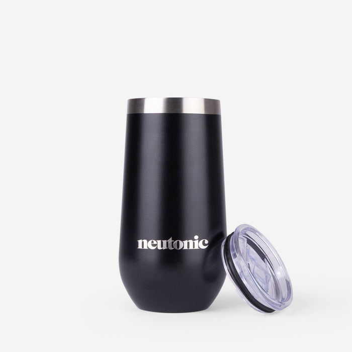 Black stainless steel tumbler with Neutonic branding and clear lid, promoting nootropics. - Neutonic - 32 Stick Pack Offer + Free Gifts